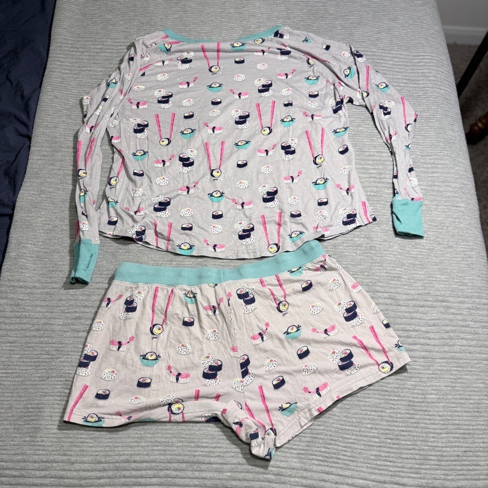 munki munki Women’s Sushi Print Novelty L/S Top and Shorts Pajama Set Size Large - Picture 7 of 8